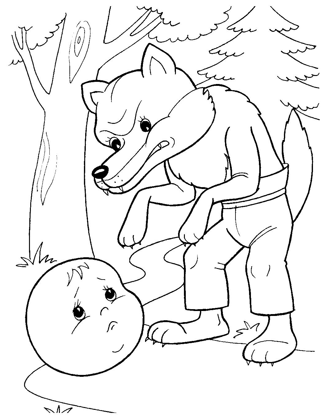 Раскраска волк и Колобок для детей